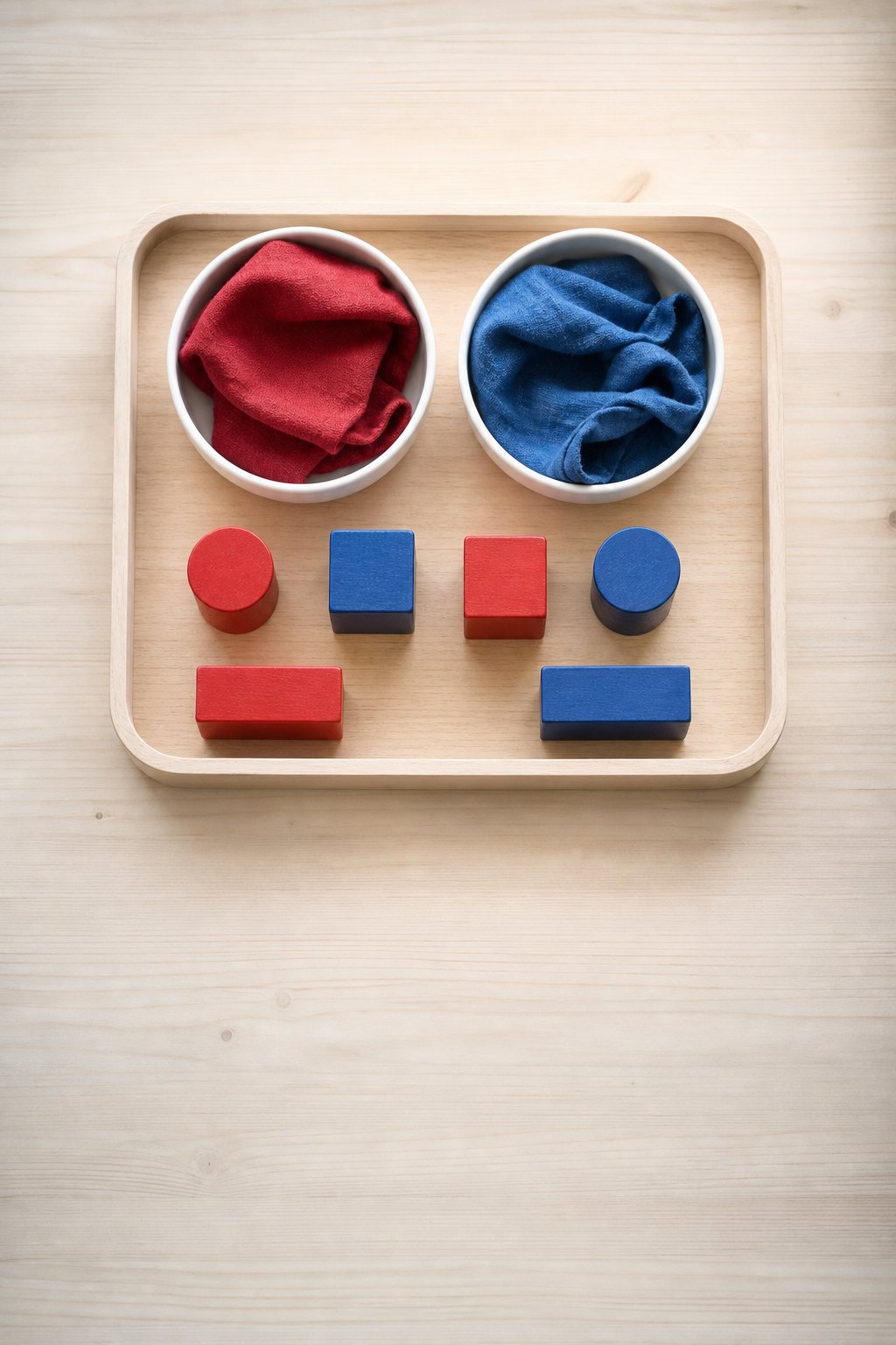Tablett mit zwei Schalen, eine mit rotem, eine mit blauem Tuch ausgelegt