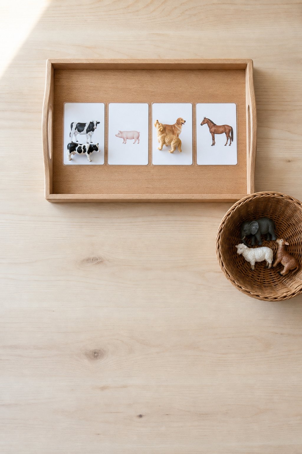 Tablett mit vier Fotokarten von Tierfiguren und den passenden Figuren
