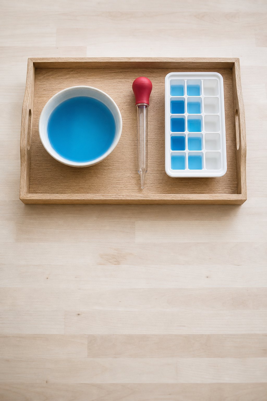Tablett mit blau gefärbtem Wasser, einer Spritze und einer Eiswürfelform