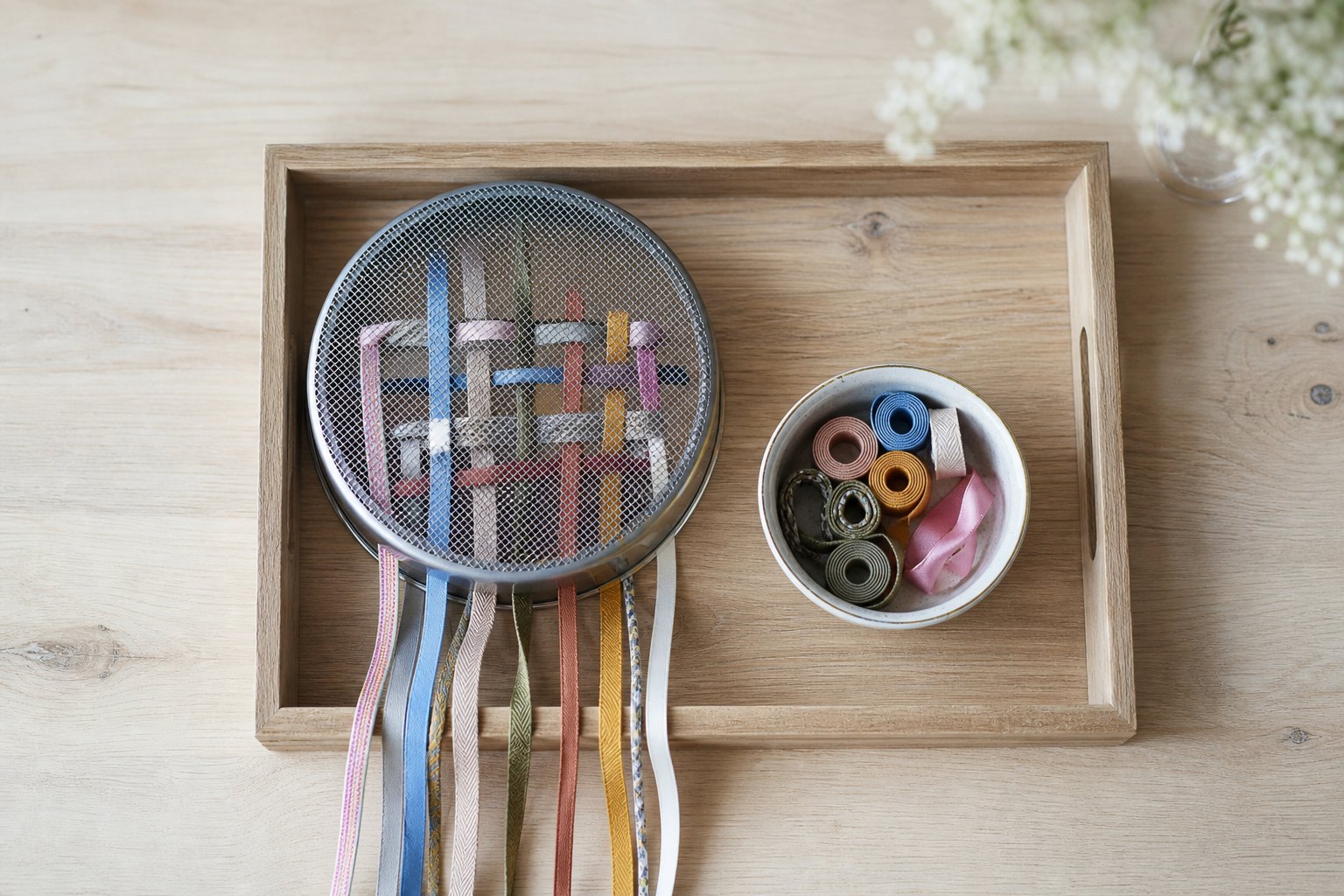 Montessori Tablett mit ein umgedrehtes rundes Metallsieb mit weiten Maschen, durch das mehrere bunte Baender und Schnuersenke