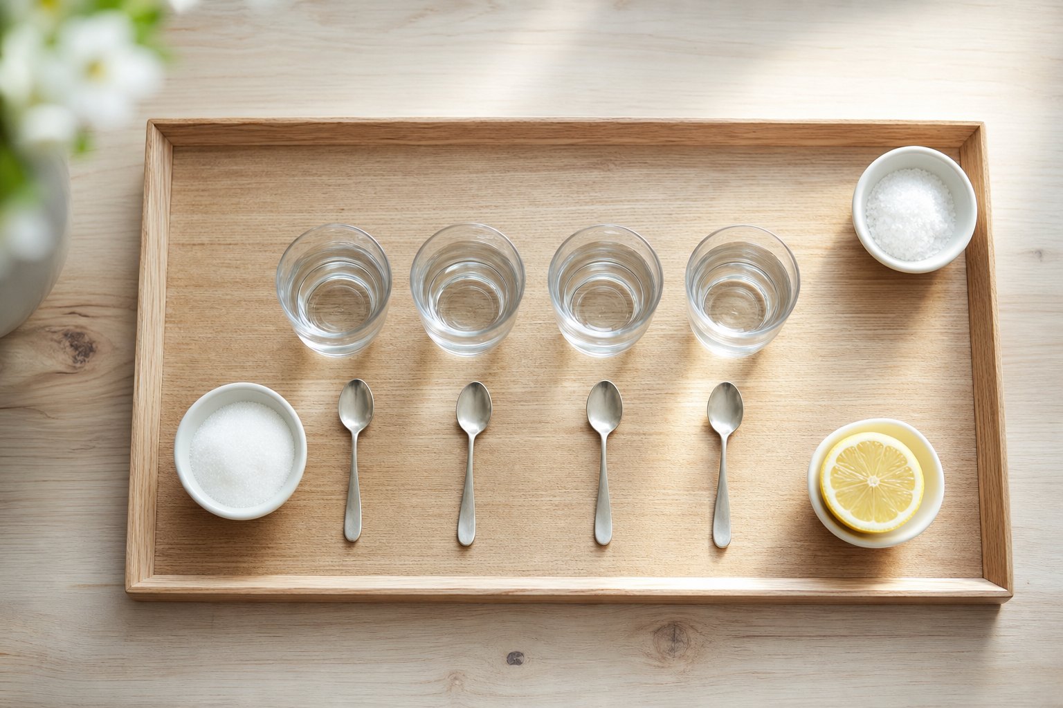 Montessori Tablett mit vier kleine Glaeser mit klarem Wasser in einer Reihe, vor jedem Glas ein kleiner Metalloeffel, am Rand