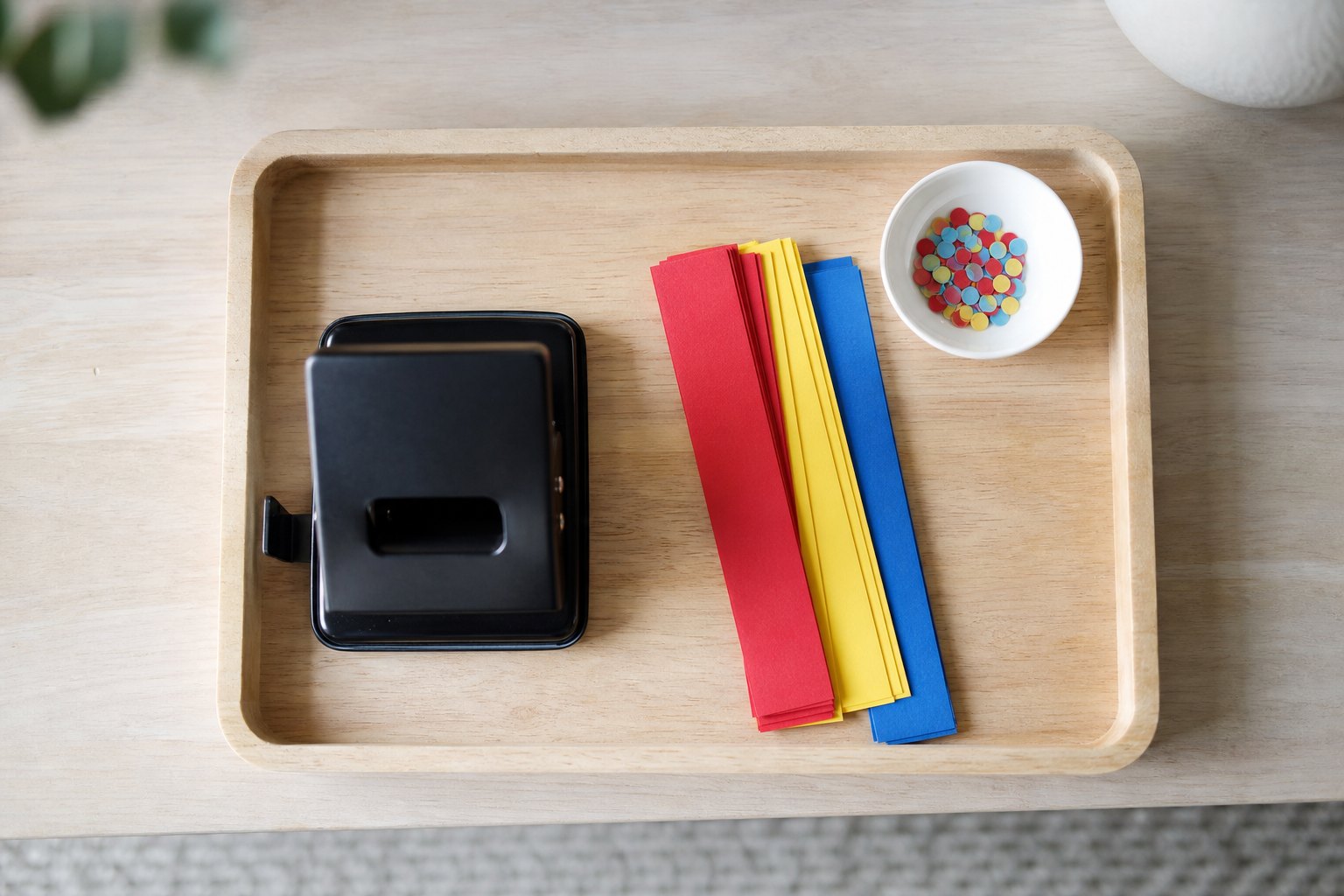 Montessori Tablett mit ein schwarzer Buerolocher, daneben ein Stapel schmaler Papierstreifen in Rot, Gelb und Blau und eine k