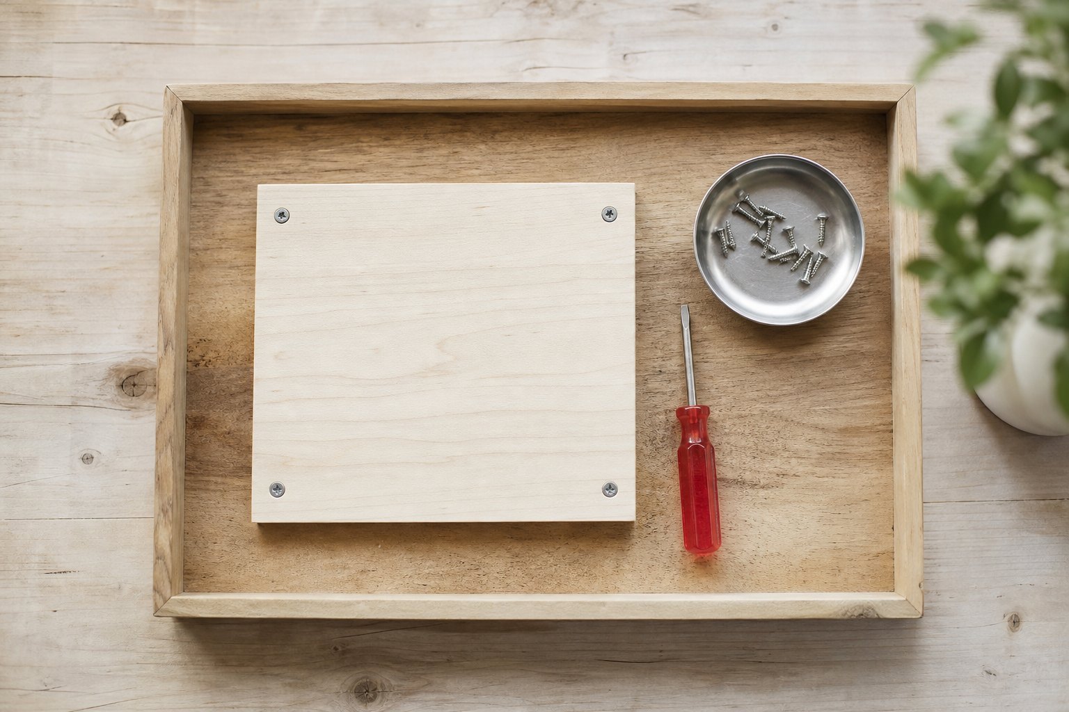 Montessori Tablett mit ein helles Holzbrett mit vier eingedrehten Schrauben, daneben ein Schraubendreher mit rotem Griff und