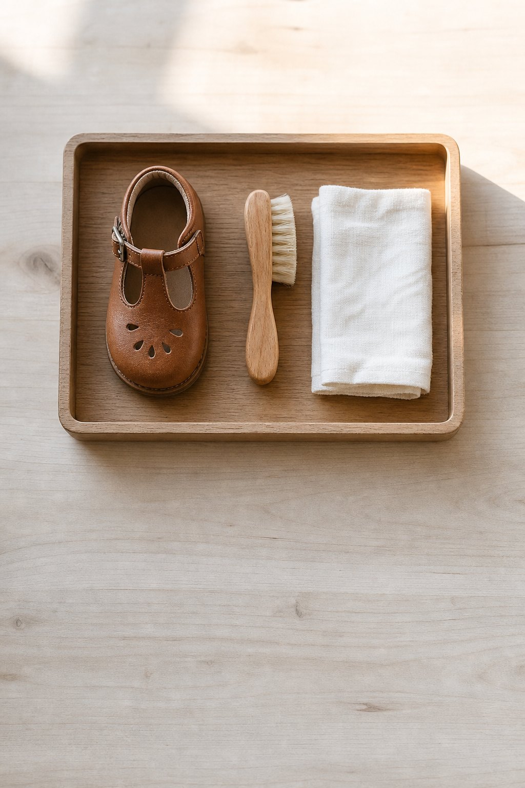Tablett mit einem braunen Kinderschuh aus Leder und einer kleinen Schuhbürste