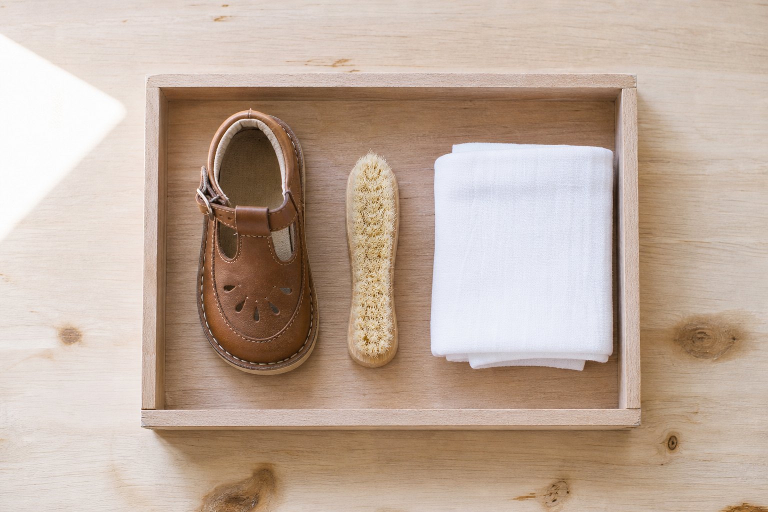 Ein rechteckiges Holztablett von oben fotografiert, darauf ein brauner Kinderschuh aus Leder, daneben eine kleine Schuhbuerst