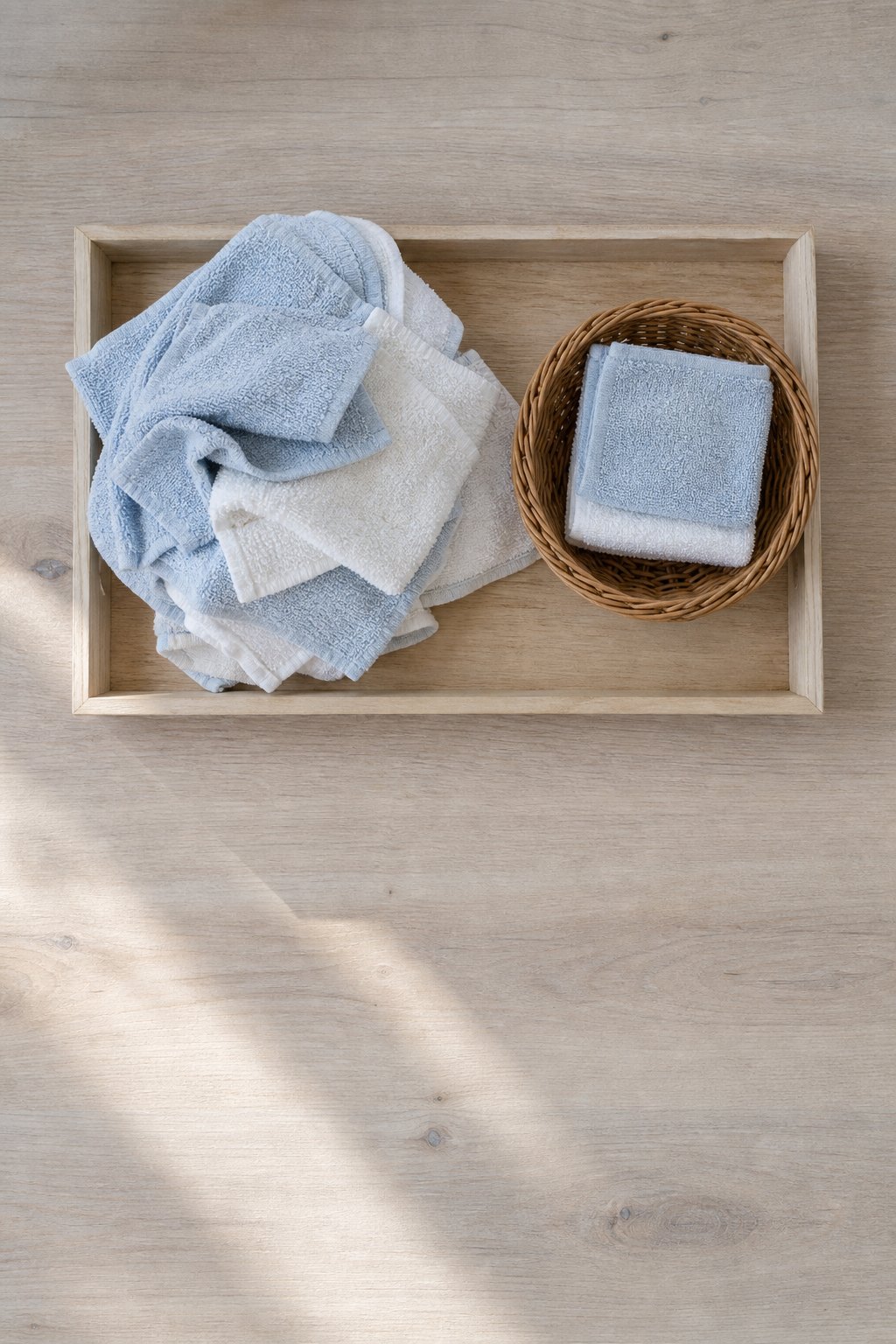 Tablett mit einem Stapel hellblauer und weißer Waschlappen zum Falten