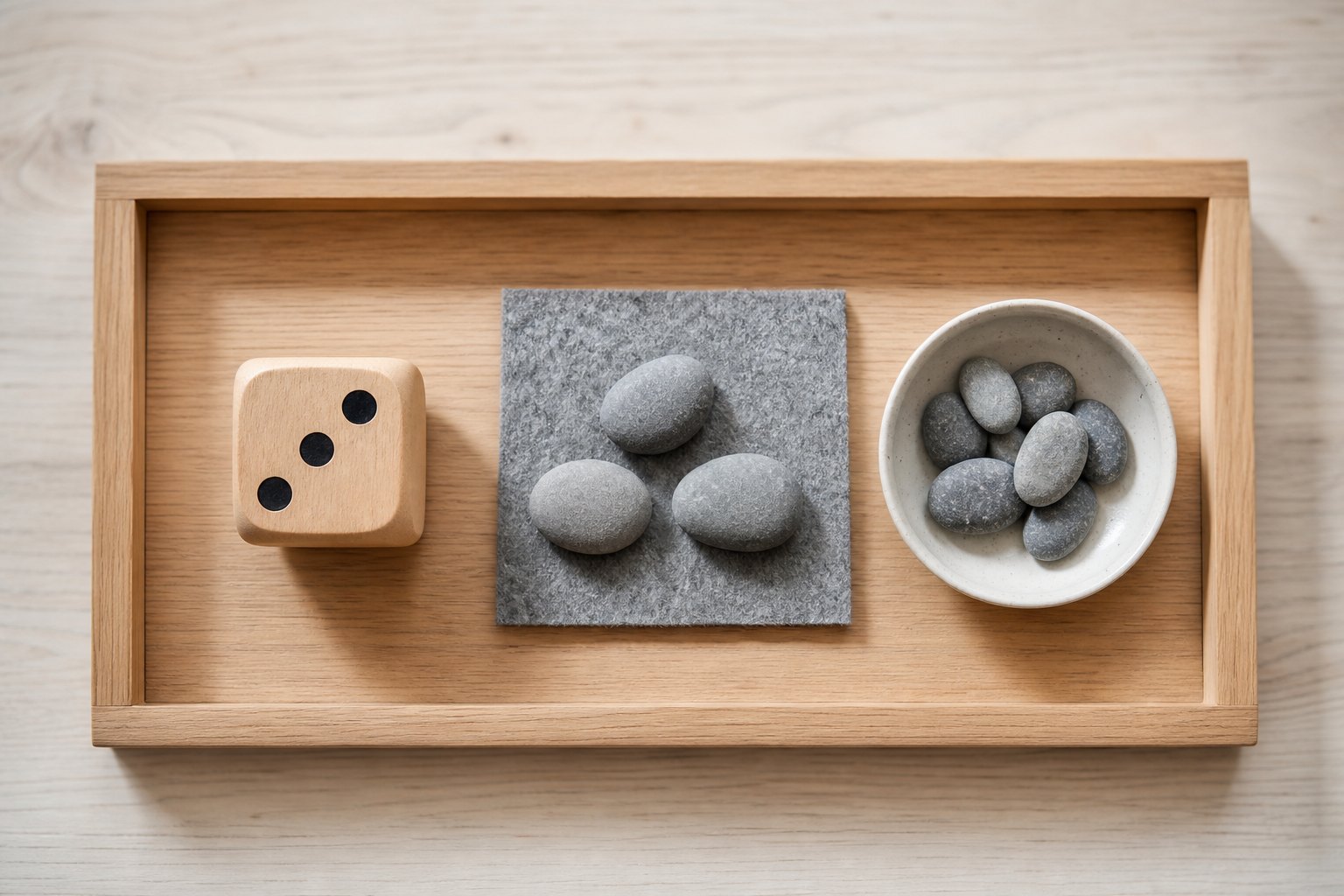Montessori Tablett mit ein grosser Holzwuerfel mit drei sichtbaren Punkten, daneben ein graues Filzstueck mit drei grauen Kie