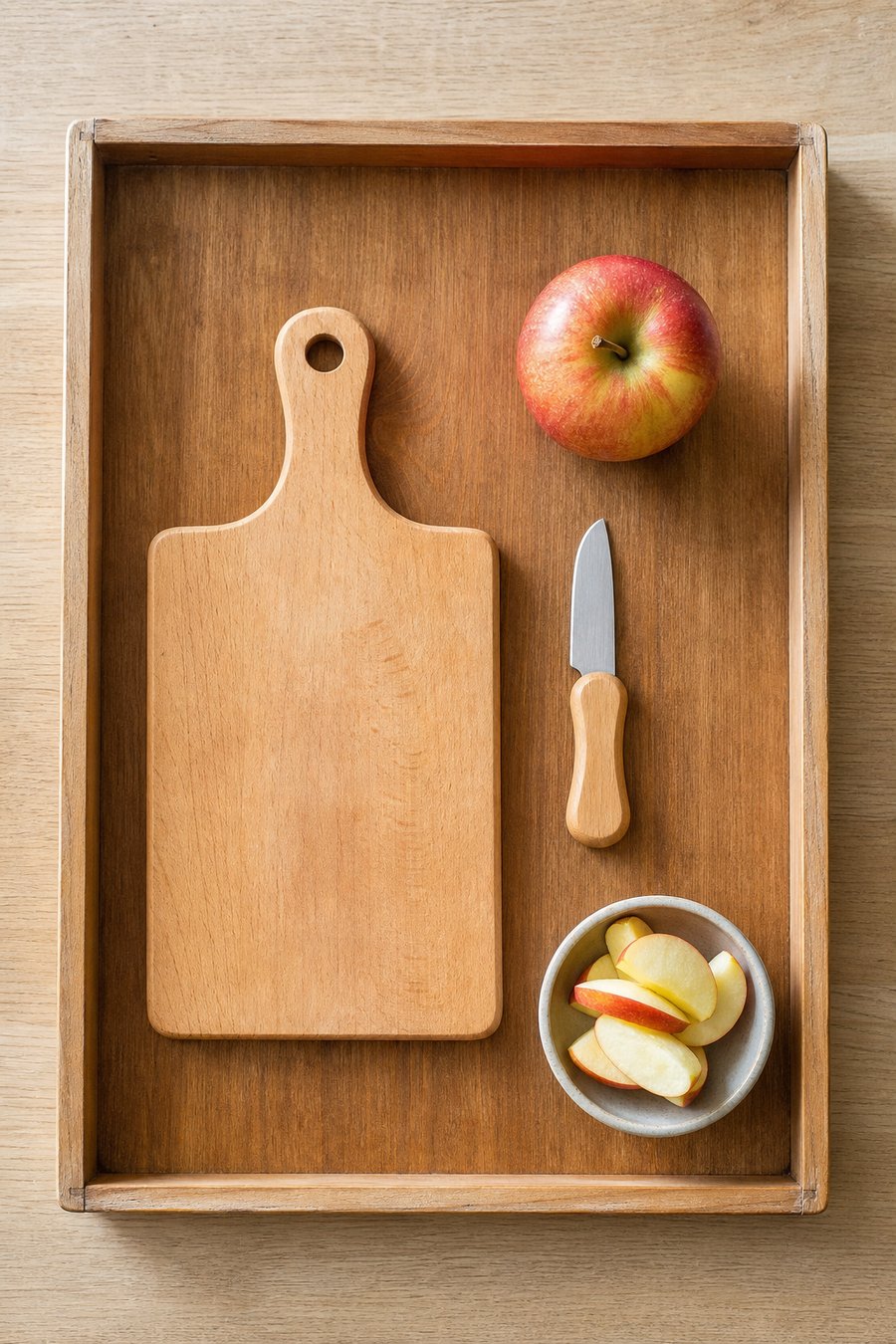 Apfel, Schneidebrett und Kindermesser aus Holz auf einem Tablett