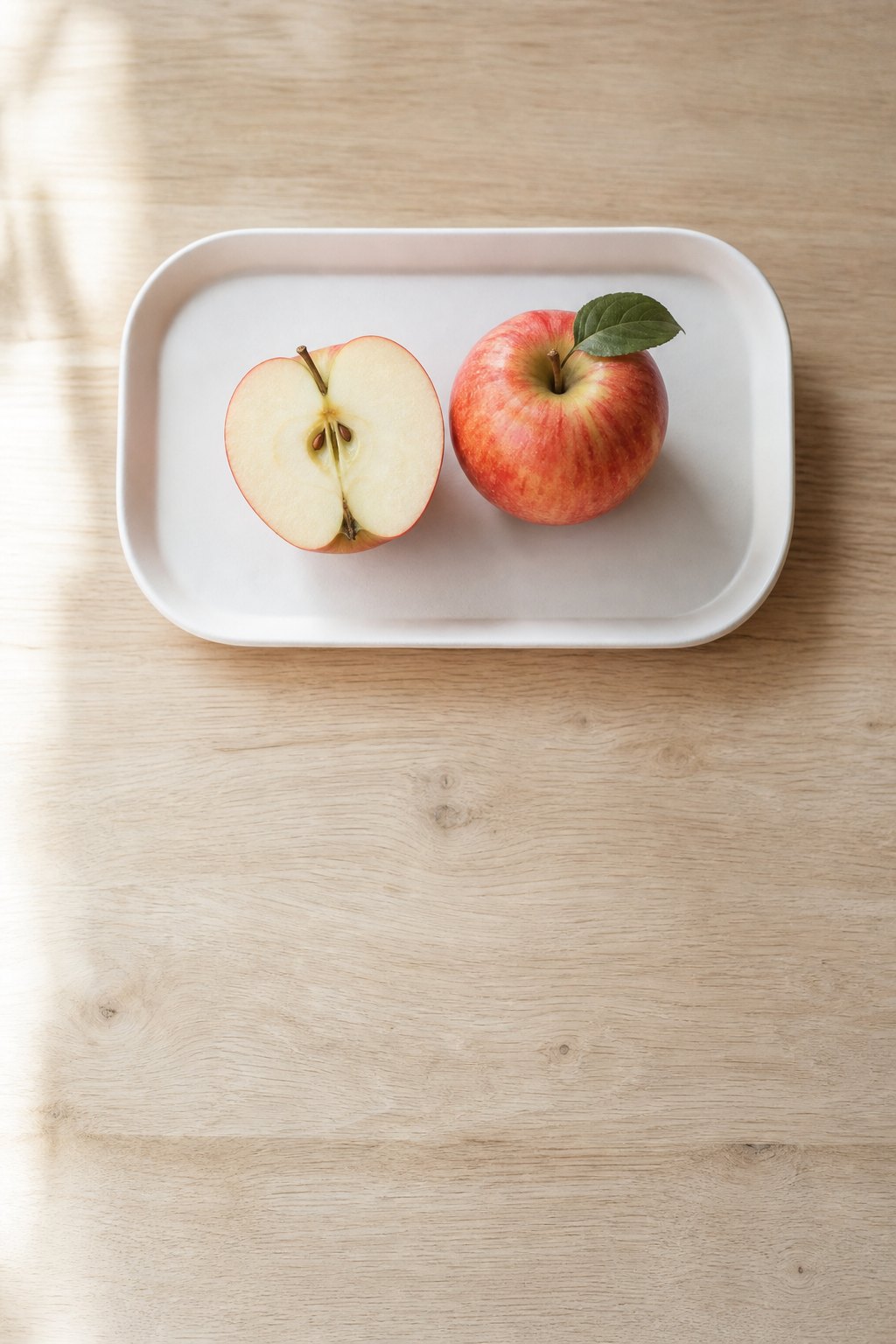 Halbierter und ganzer Apfel mit Stiel und Blatt auf einem Tablett