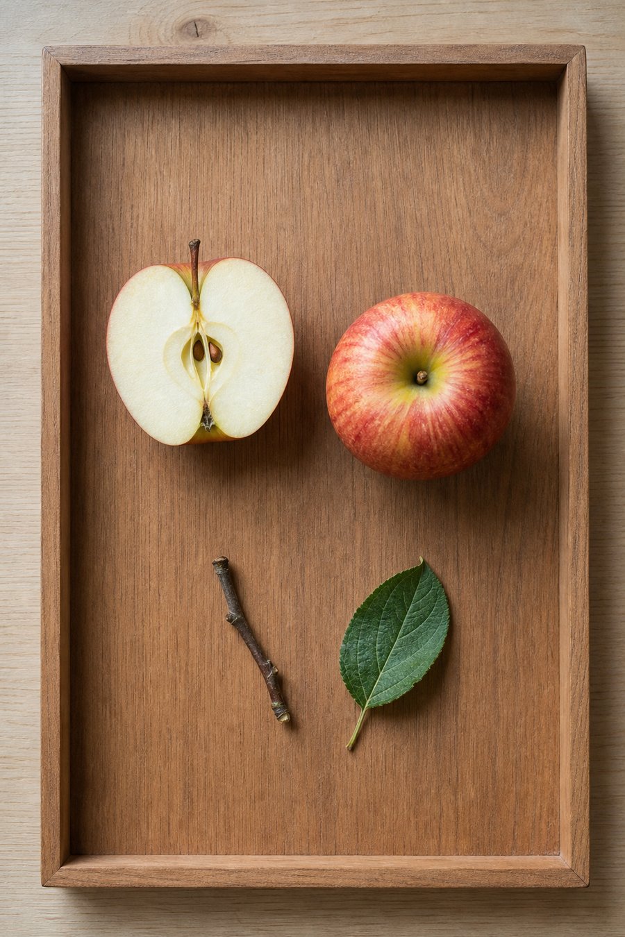Halbierter und ganzer Apfel mit Stiel und Blatt auf einem Tablett