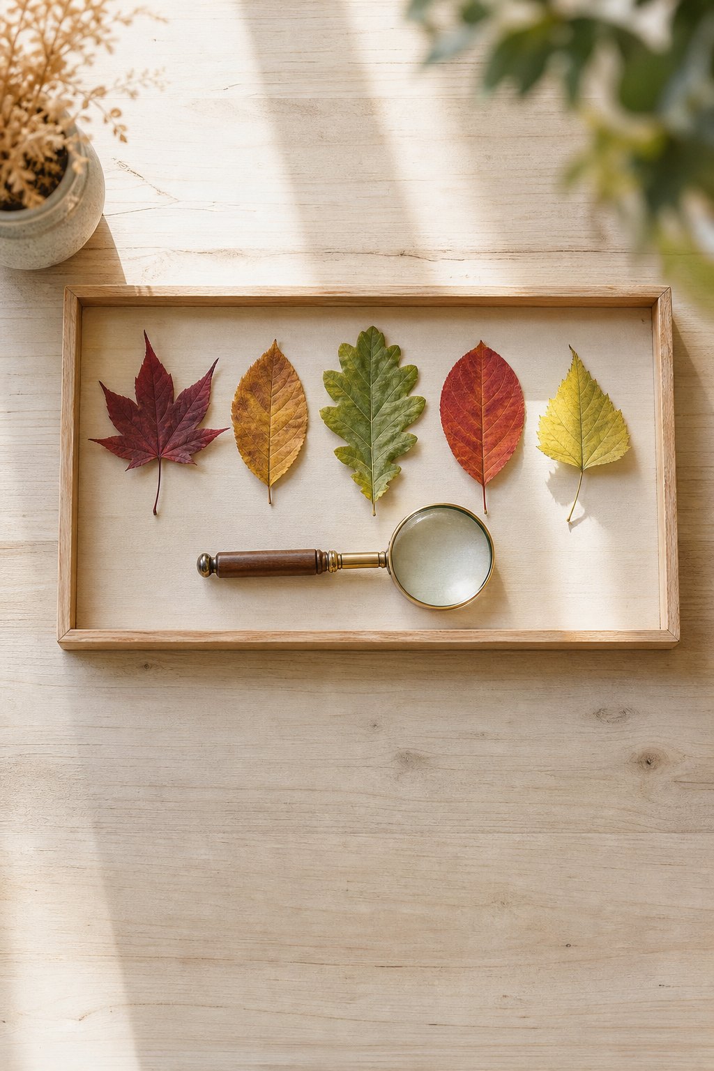 Fünf verschiedene Herbstblätter nebeneinander mit einer Lupe
