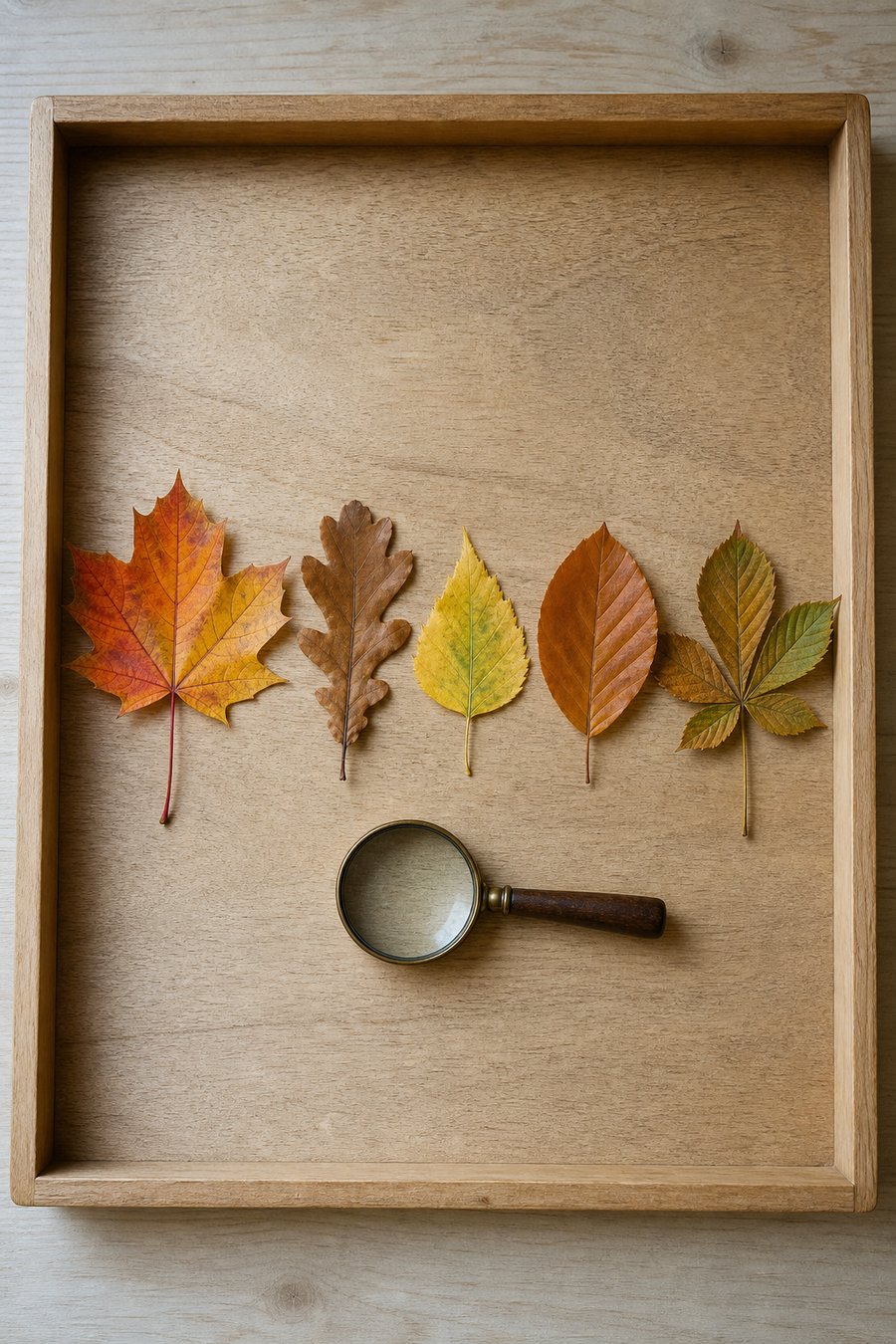 Fünf verschiedene Herbstblätter nebeneinander mit einer Lupe
