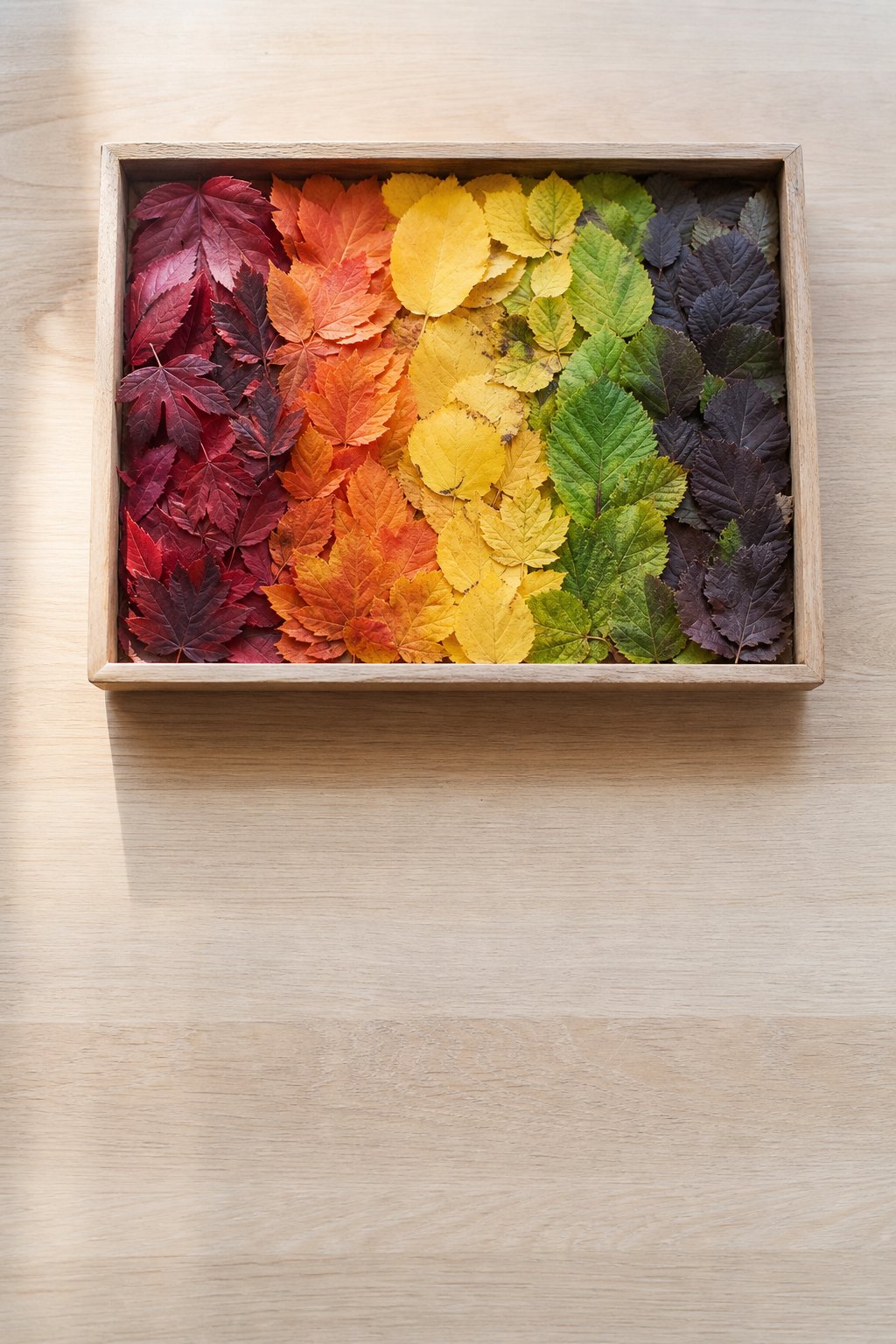 Herbstblätter nach Farben sortiert auf einem Holztablett