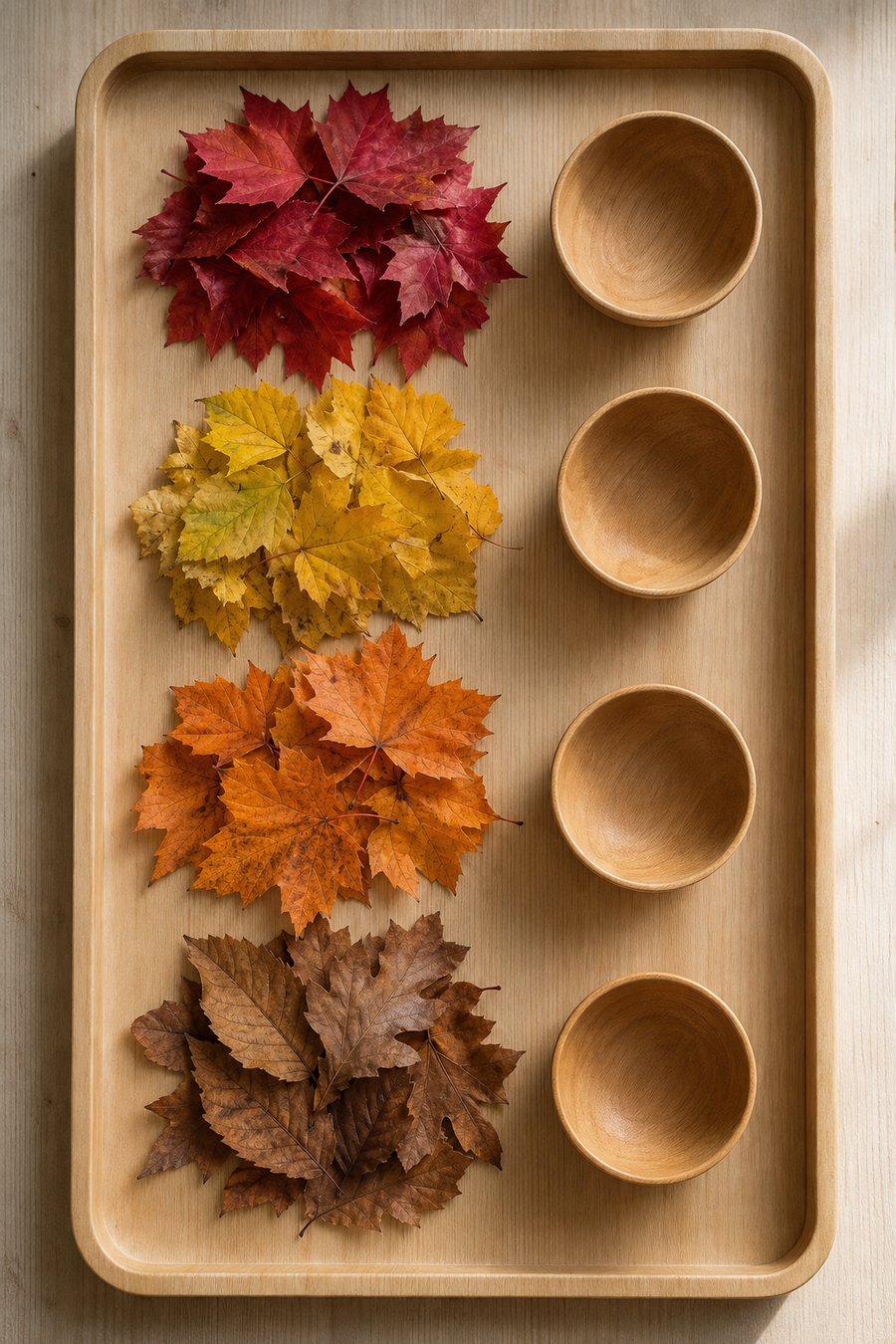 Herbstblätter nach Farben sortiert auf einem Holztablett