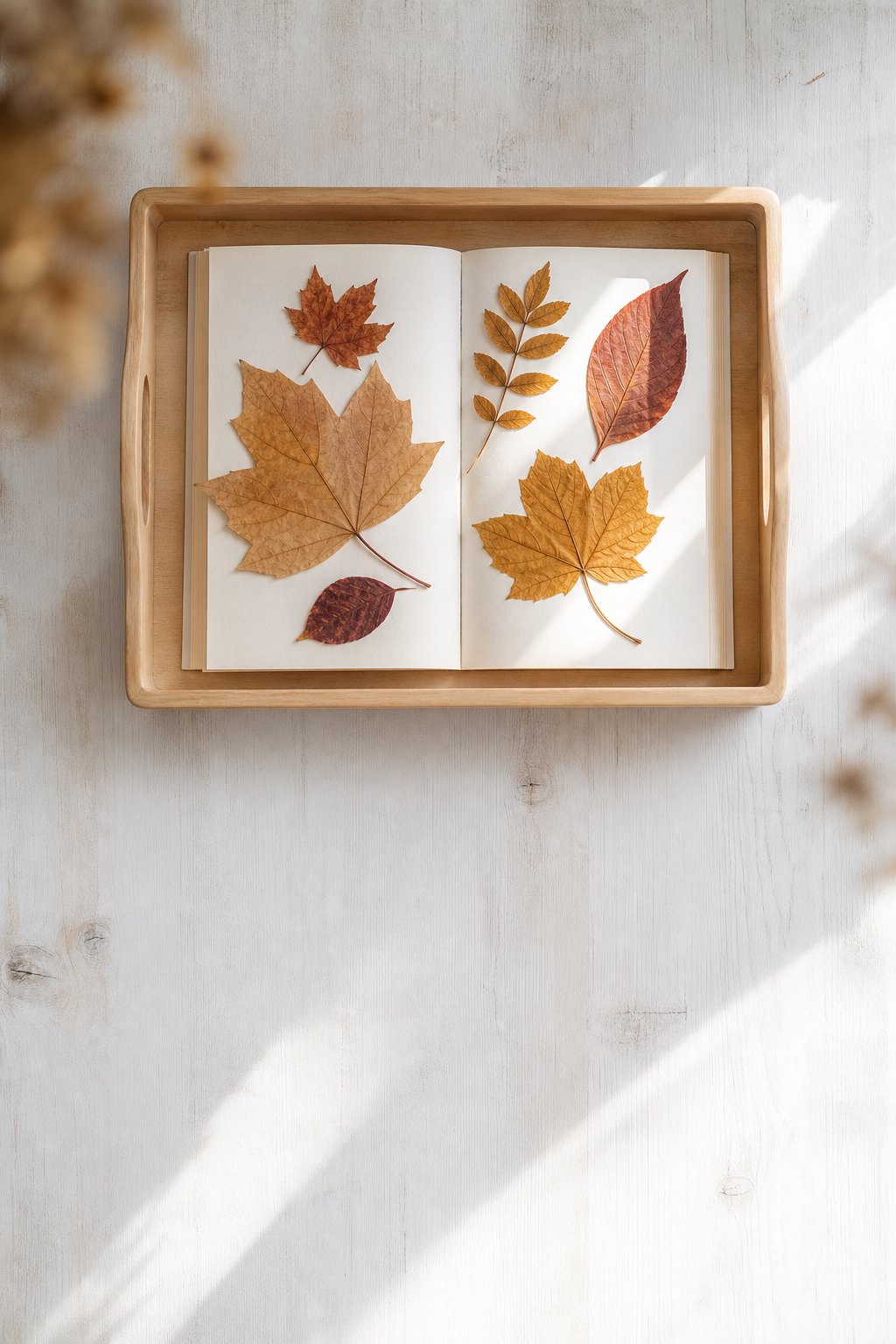 Herbstblätter flach ausgelegt in einem aufgeschlagenen Buch