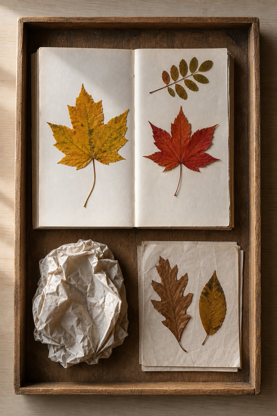 Herbstblätter flach ausgelegt in einem aufgeschlagenen Buch
