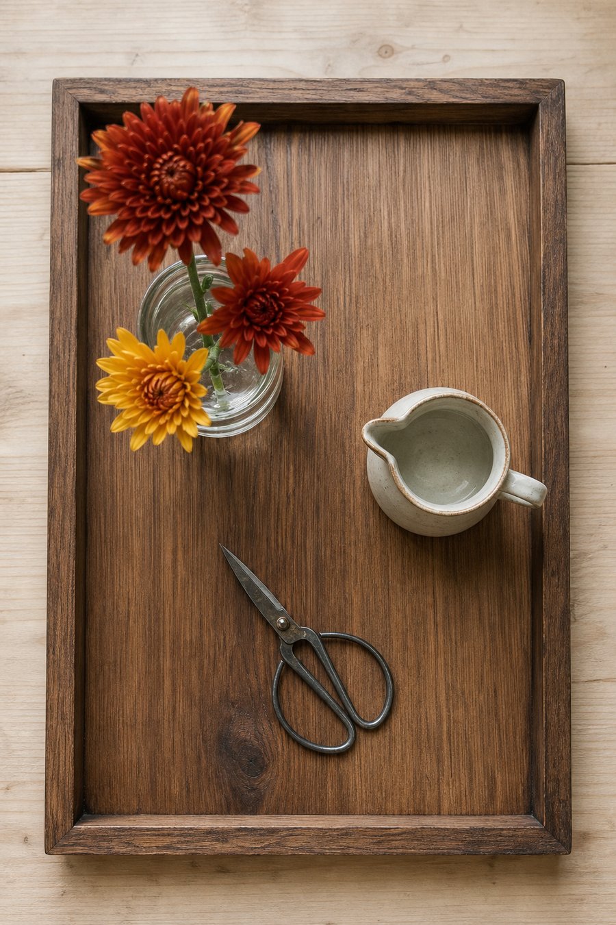 Kleine Vase, Herbstblumen, Schere und Wasserkännchen auf einem Tablett