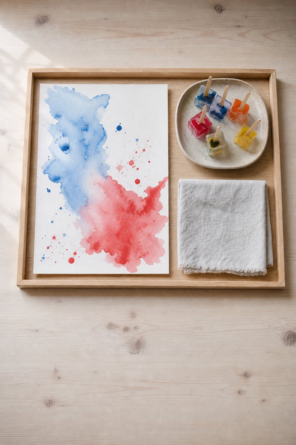 Tablett mit Aquarellpapier voller blauer und roter Farbspuren von Eiswürfeln