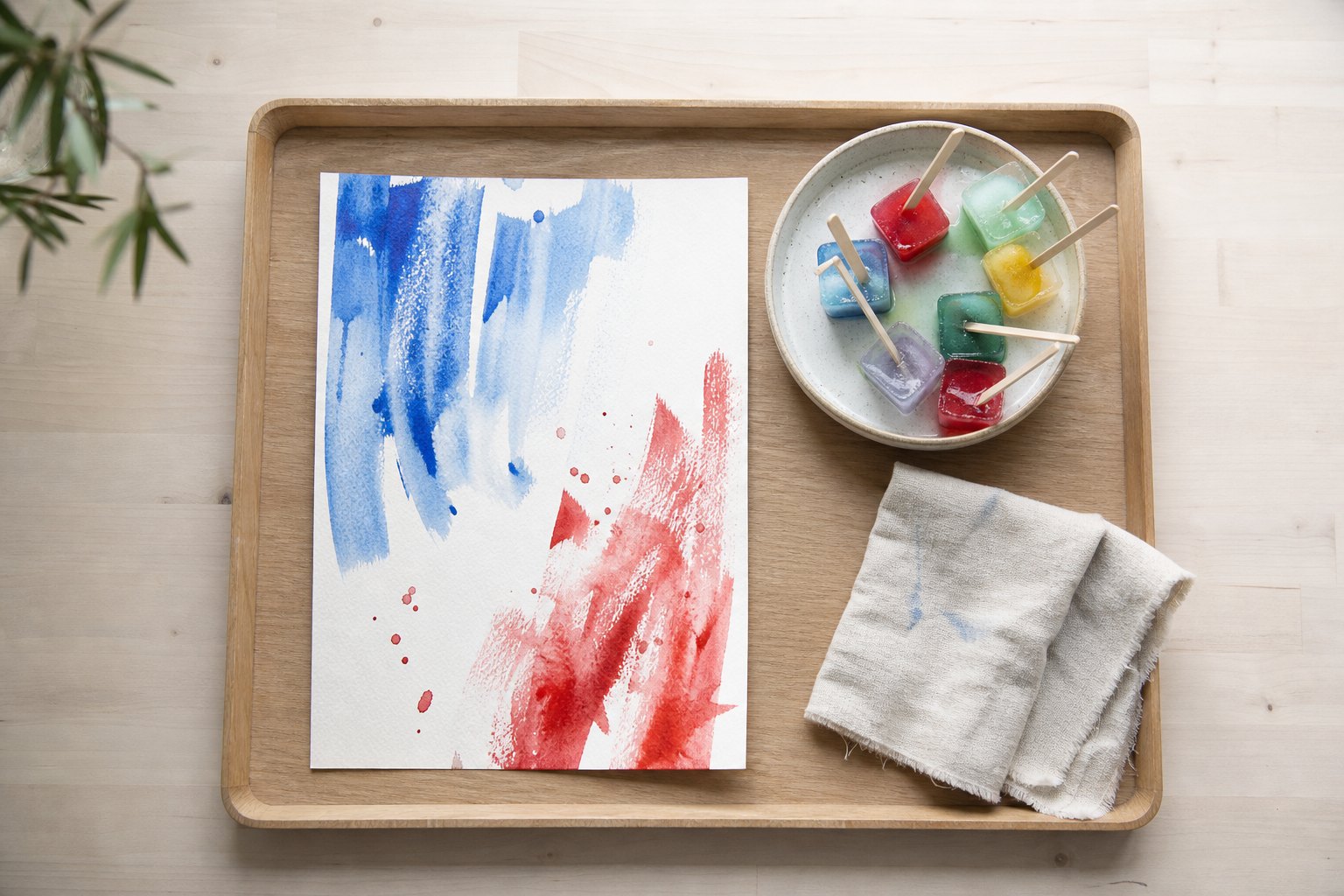 Draufsicht auf ein Holztablett, darauf ein Bogen weisses Aquarellpapier mit breiten blauen und roten Farbspuren, daneben eine
