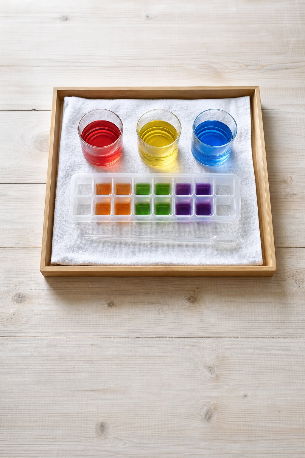 Tablett mit drei Gläsern rot, gelb und blau gefärbtem Wasser und einer Pipette