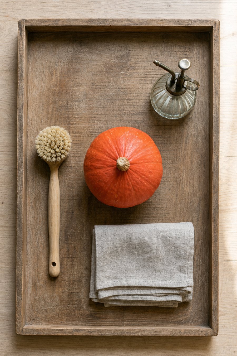 Kürbis mit Gemüsebürste, Sprühflasche und Tuch auf einem Tablett
