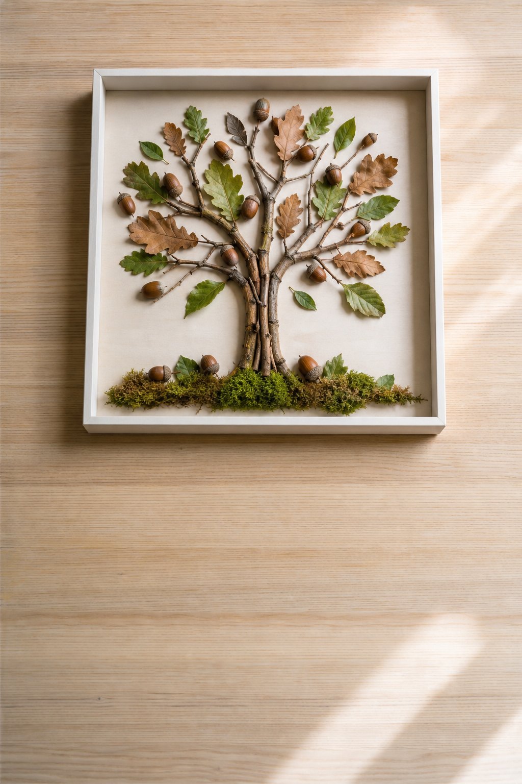 Aus Eicheln, Zweigen und Blättern gelegter Baum auf einem Tablett