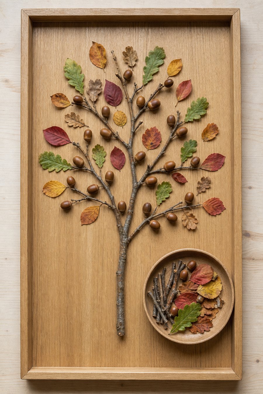 Aus Eicheln, Zweigen und Blättern gelegter Baum auf einem Tablett