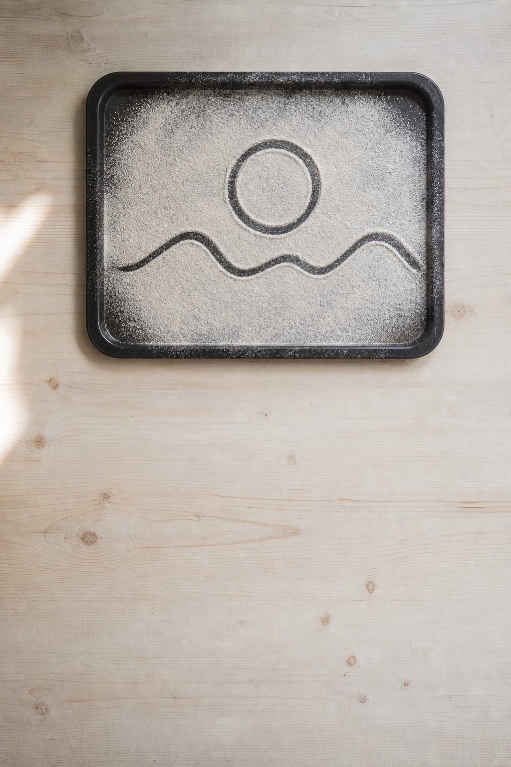 Dunkles Tablett mit einer Schicht Mehl, in die eine Wellenlinie und ein Kreis gemalt sind