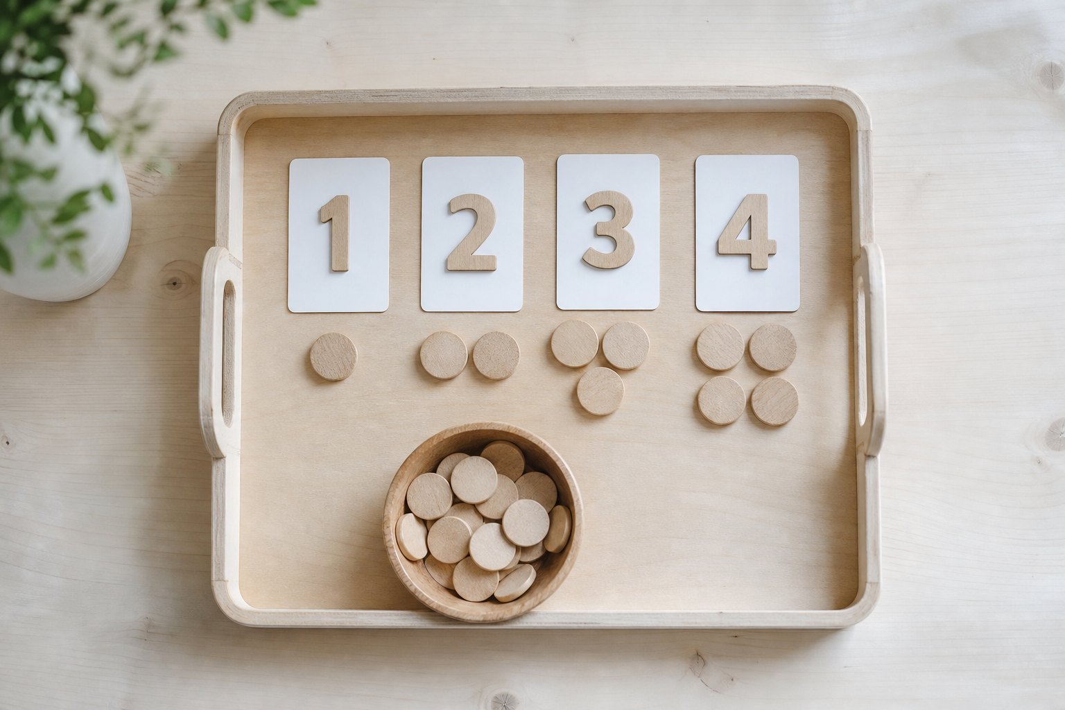 Montessori Tablett mit vier Karten mit den Ziffern 1 bis 4, daneben jeweils die passende Anzahl kleiner Holzplaettchen, sowie