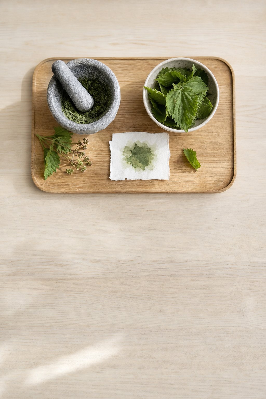 Steinmörser mit zerriebenen Blättern, Schale mit frischen Blättern, Papier mit Farbfleck