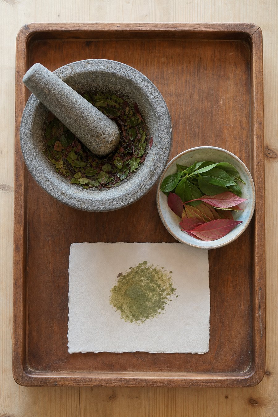 Steinmörser mit zerriebenen Blättern, Schale mit frischen Blättern, Papier mit Farbfleck