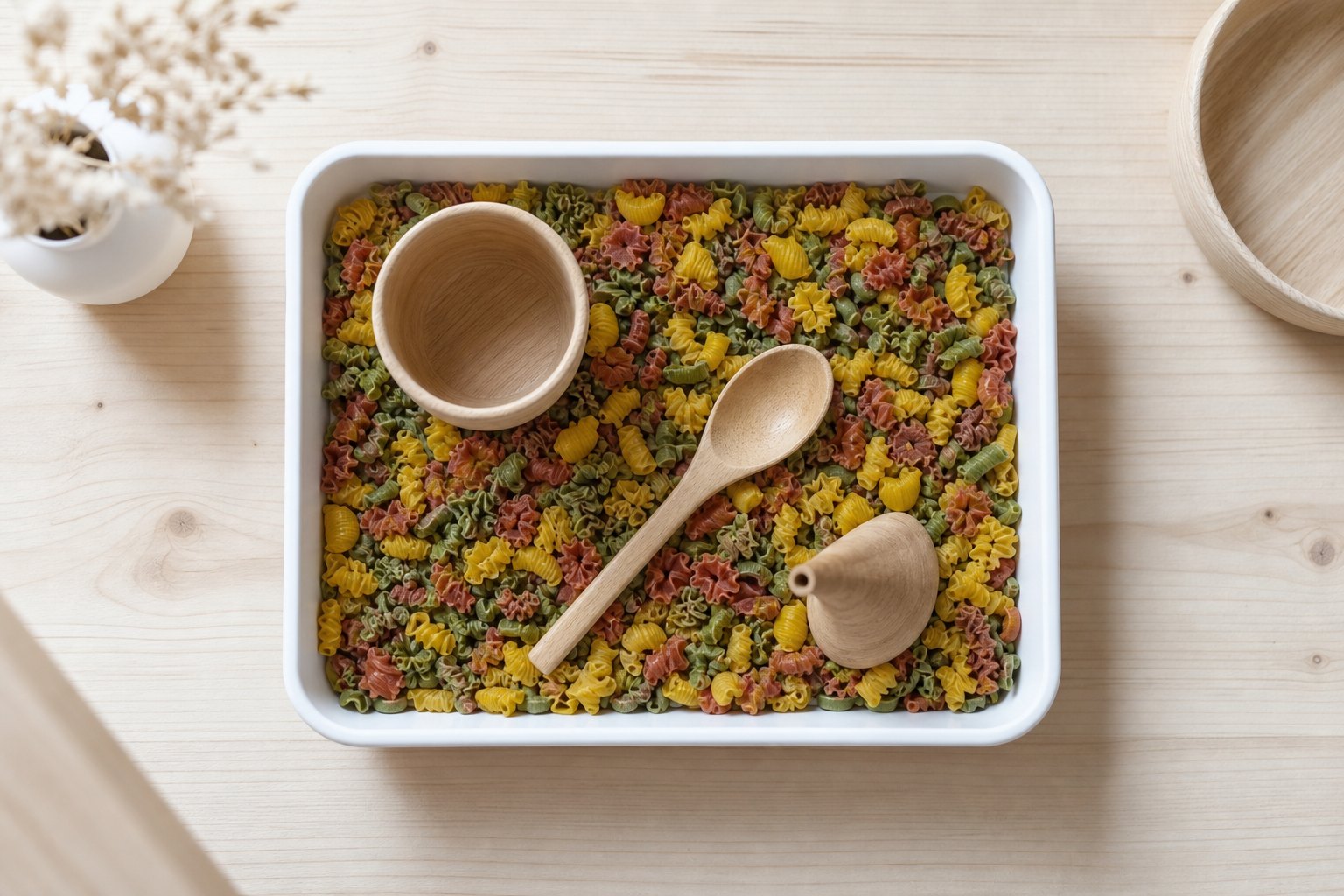 Flache Wanne mit bunt gefärbten Nudeln in Gruen, Gelb und Rot, darin ein Holzbecher, ein Löffel und ein kleiner Trichter