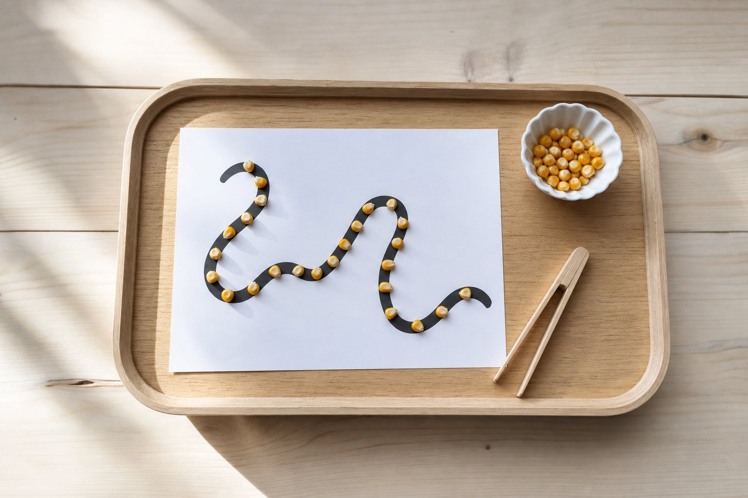 Montessori Tablett mit ein weißes Blatt mit einer dick gezeichneten Schlangenlinie, auf der Maiskoerner liegen, daneben eine 