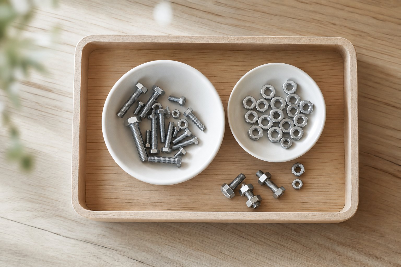 Montessori Tablett mit zwei kleine Schalen: in einer silberne Schrauben in drei Größen, in der anderen passende Muttern, eini