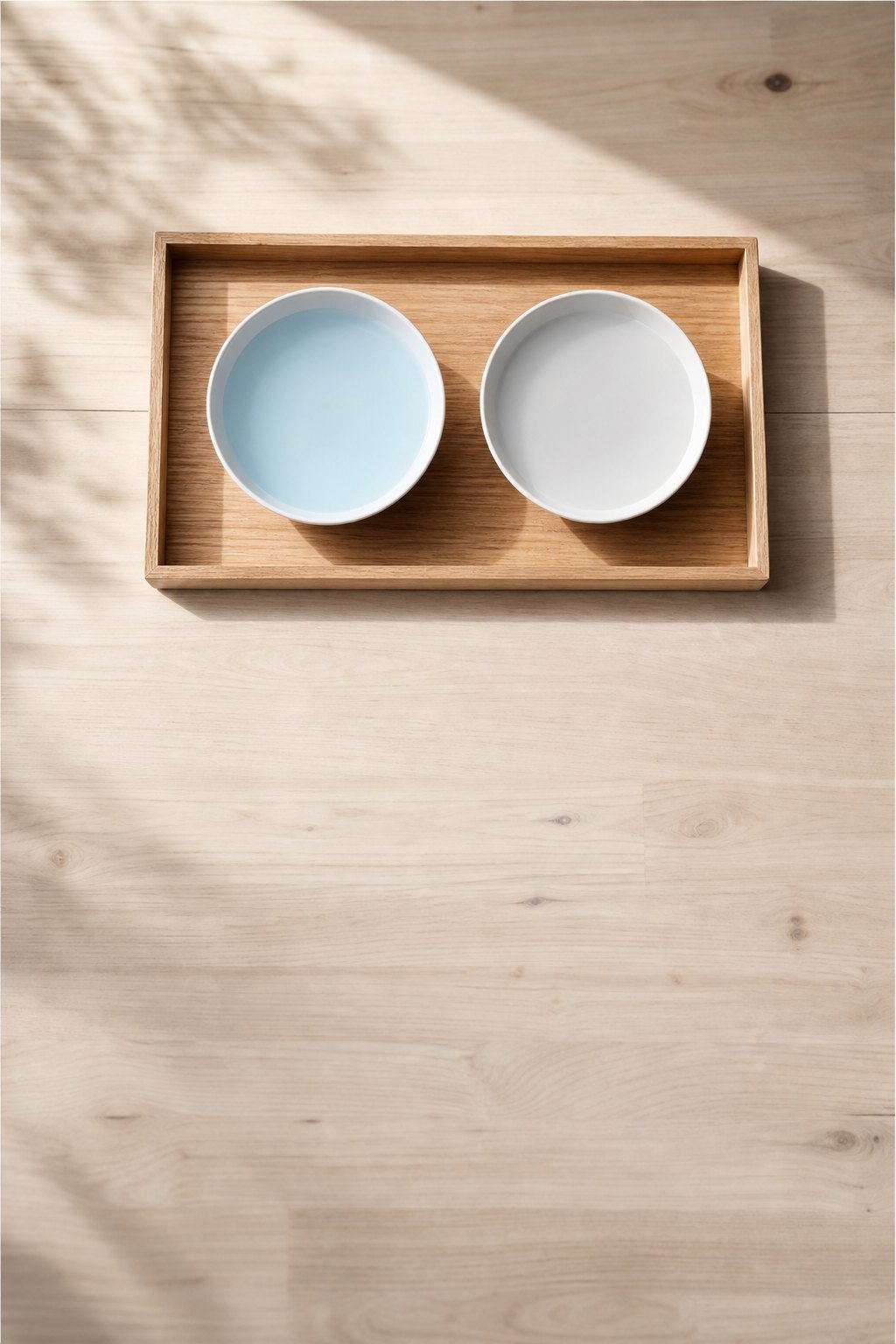 Tablett mit zwei Schüsseln, hellblauem Wasser und einem Naturschwamm