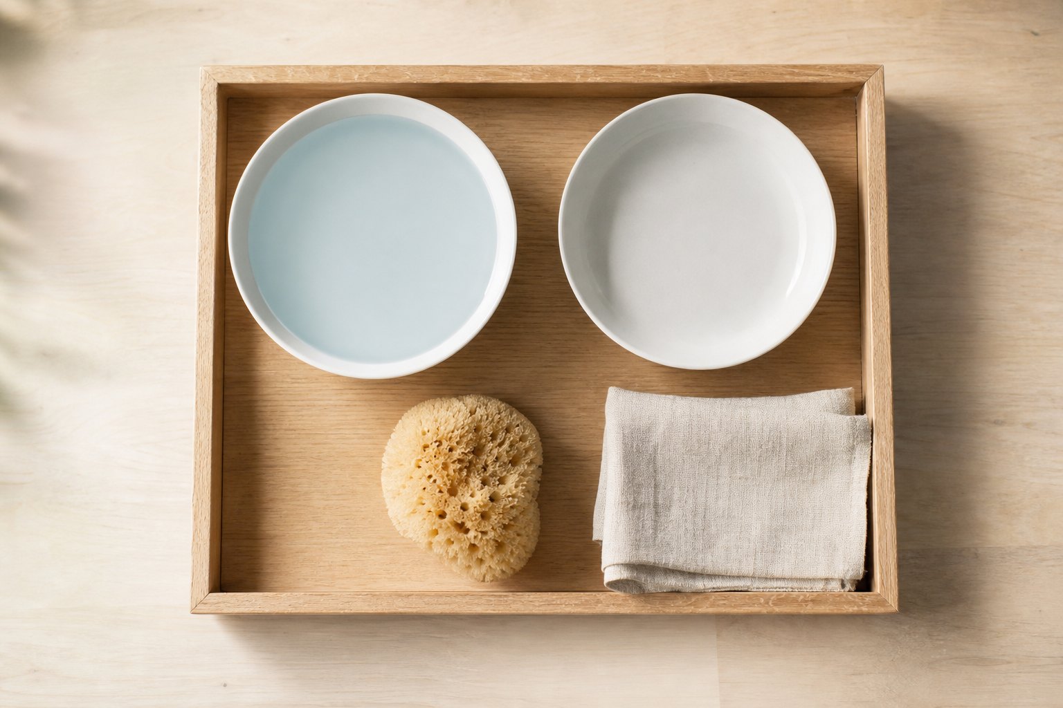 Montessori Tablett mit zwei flache weiße Schuesseln, in der linken hellblaues Wasser, daneben ein kleiner Naturschwamm und ei