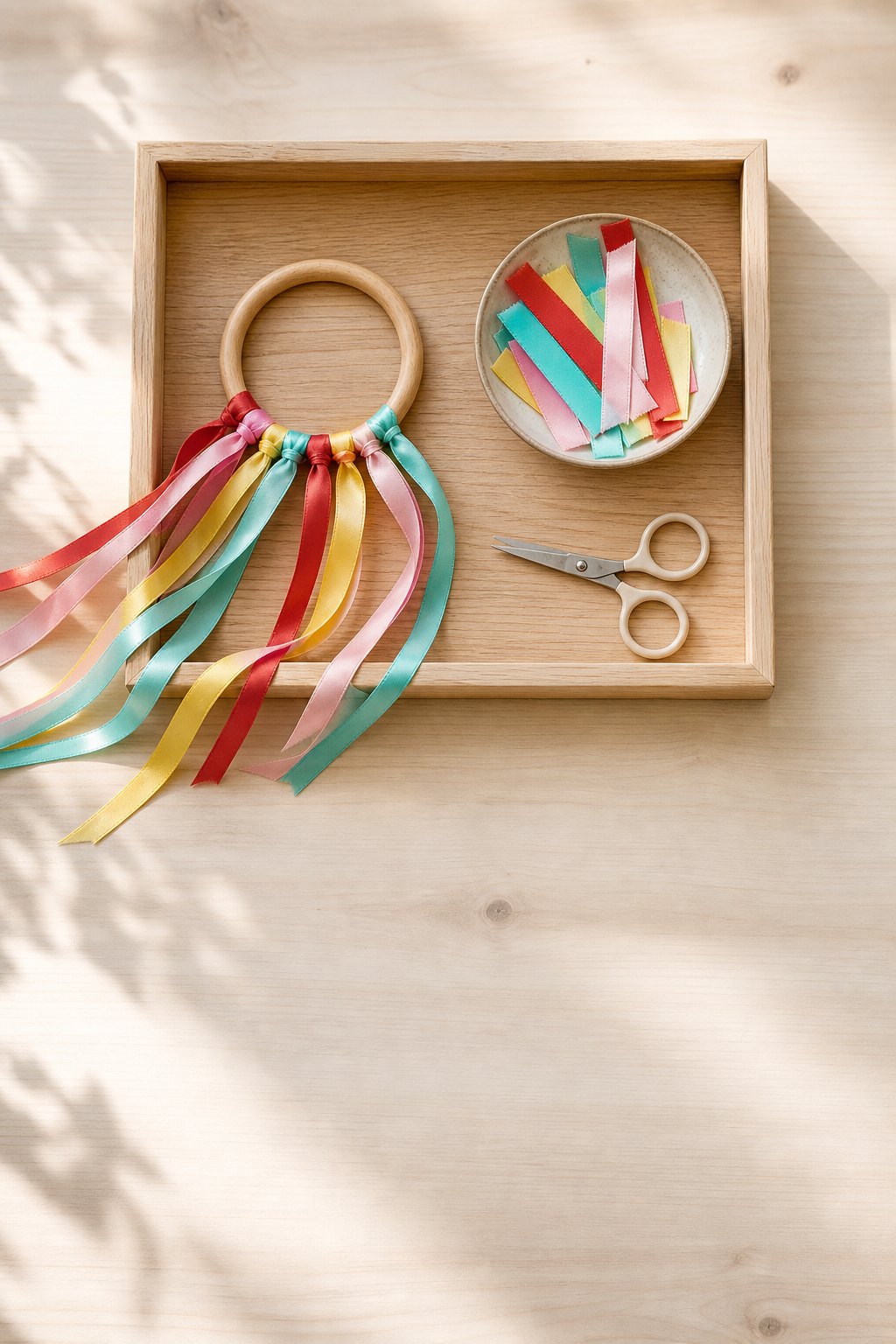 Tablett mit einem Holzring, an den bunte Satinbänder geknotet sind