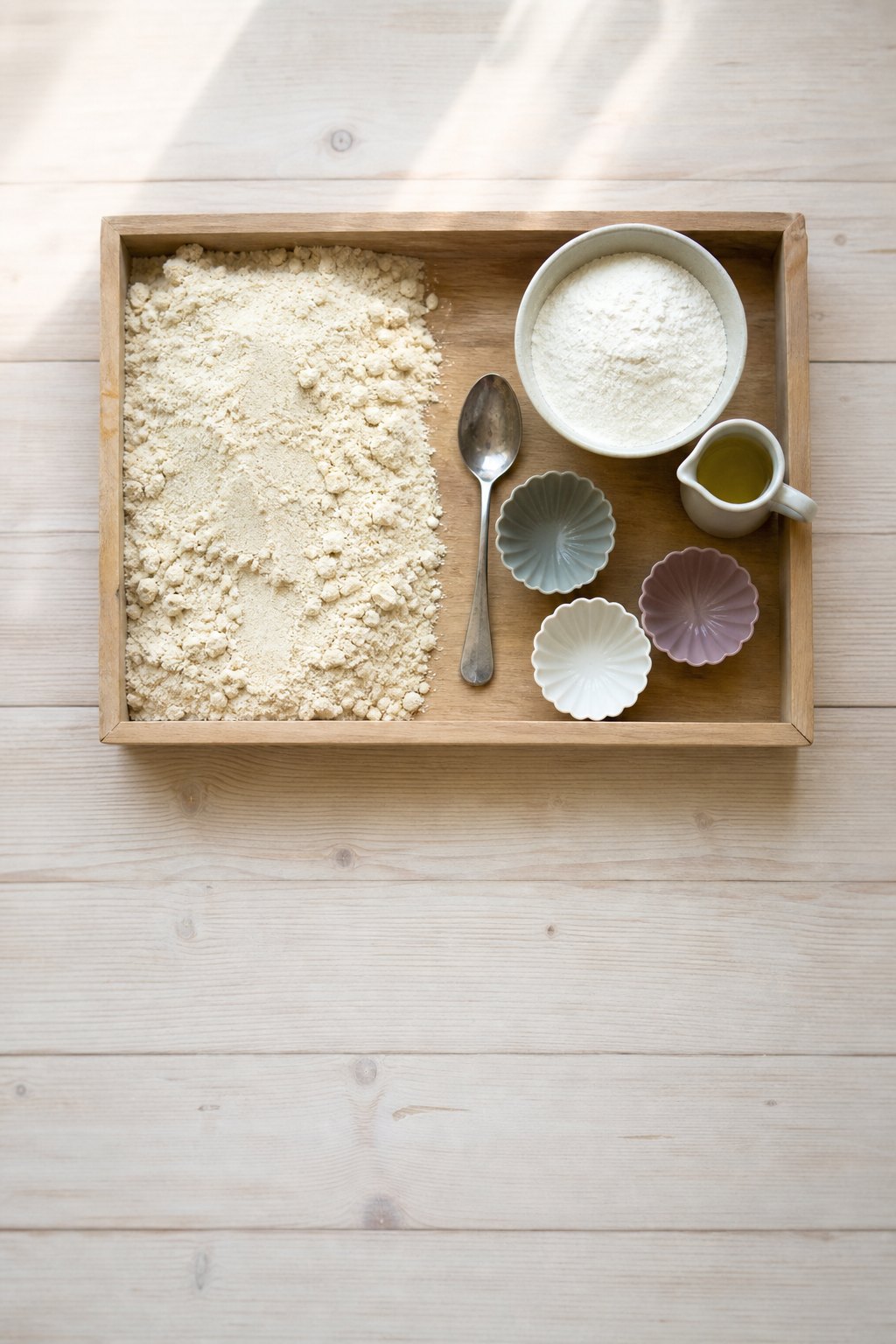 Holzwanne mit hellem, krümeligem Zaubersand