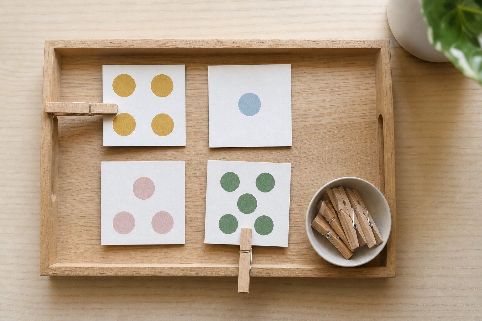 Montessori Tablett mit vier quadratische Pappkarten mit aufgemalten Punkten, an zwei davon sind Holzwaescheklammern geklemmt,