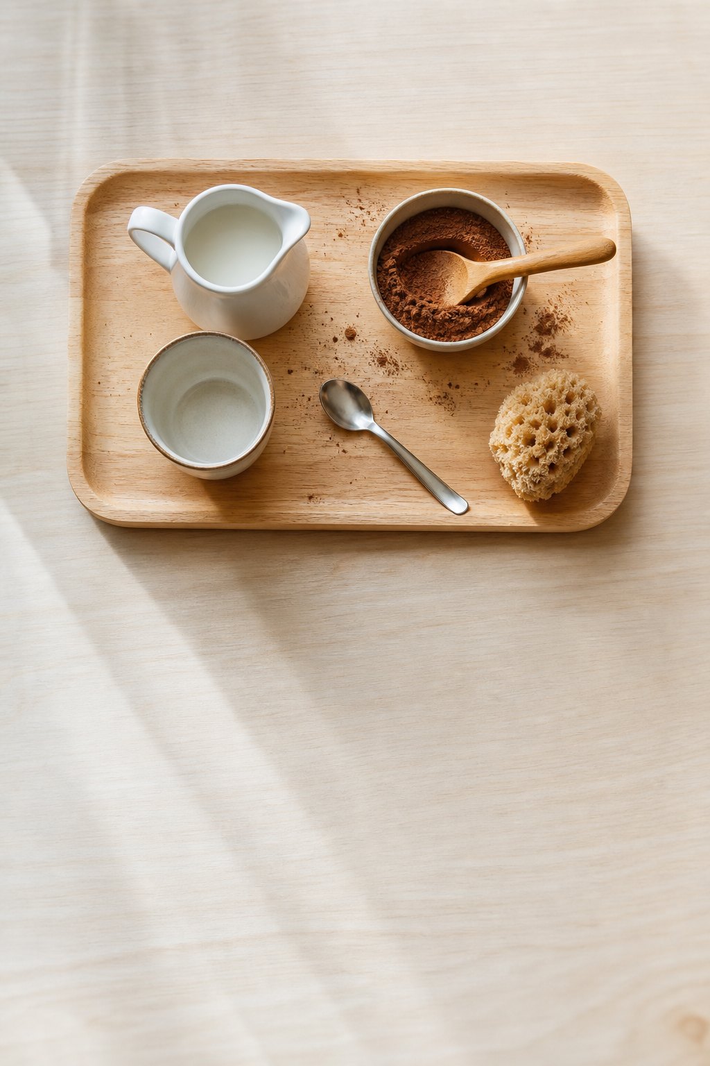 Tablett mit Milchkännchen, kleiner Tasse und einem Schälchen Kakaopulver
