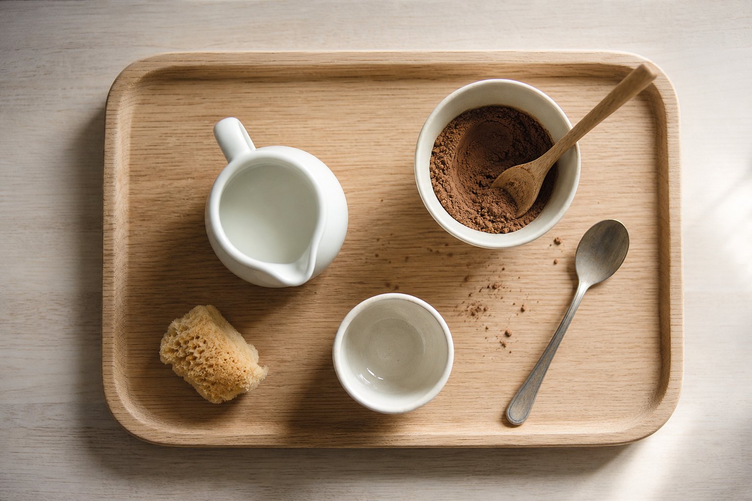 Draufsicht auf ein Holztablett, darauf ein kleines weisses Milchkaennchen, eine kleine Tasse, ein Schaelchen mit braunem Kaka