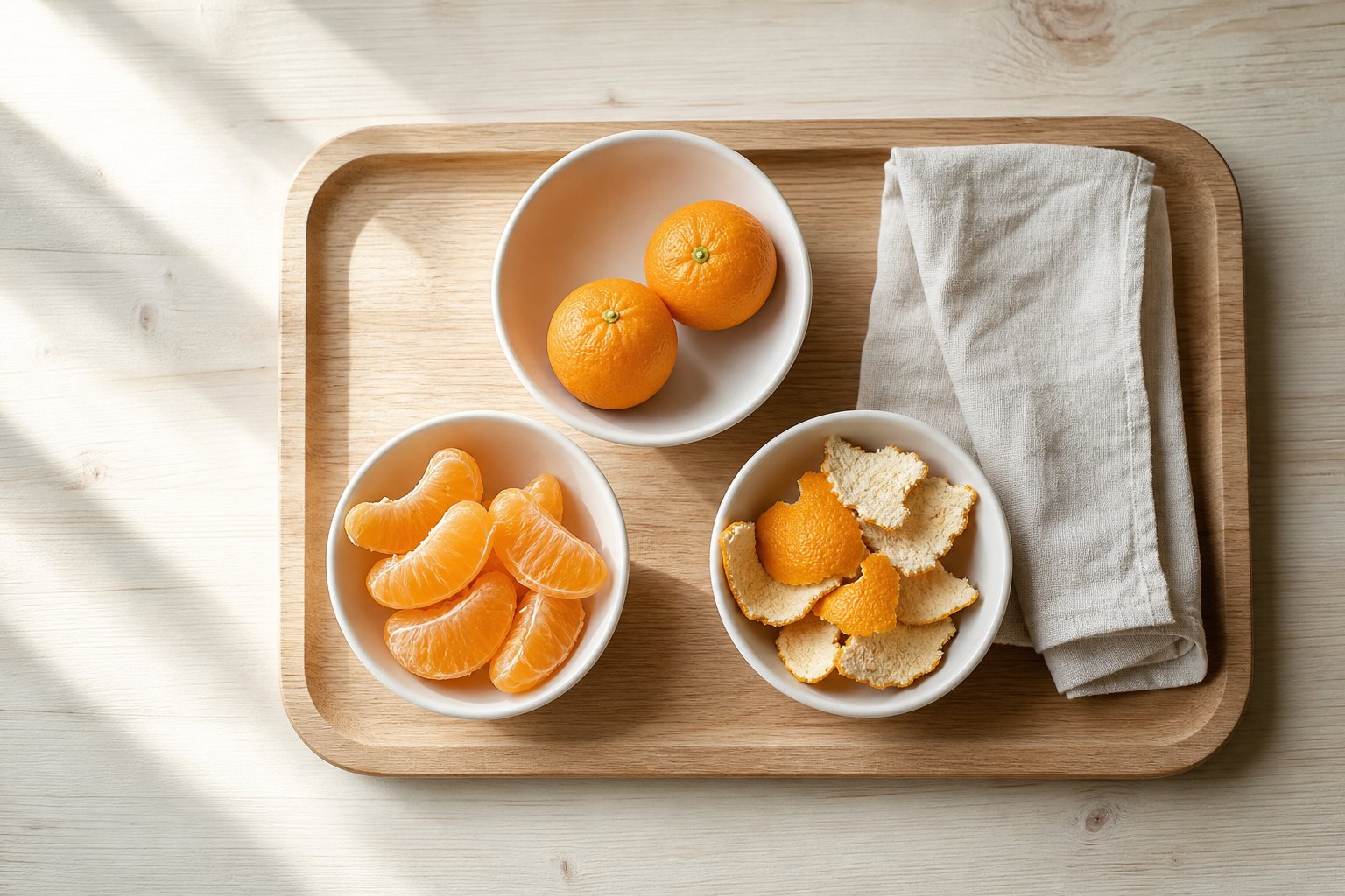 Draufsicht auf ein helles Holztablett, darauf drei Schaelchen: eines mit zwei ganzen Mandarinen, eines mit einzelnen Mandarin