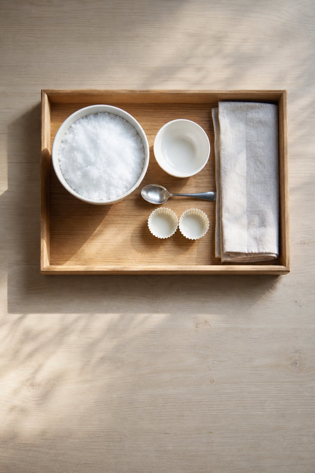 Tablett mit einer Schüssel Schnee und kleinen Werkzeugen