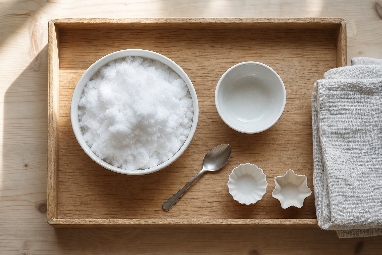 Ein Holztablett mit hohem Rand von oben fotografiert, darauf eine weisse Keramikschuessel gefuellt mit Schnee, daneben ein le