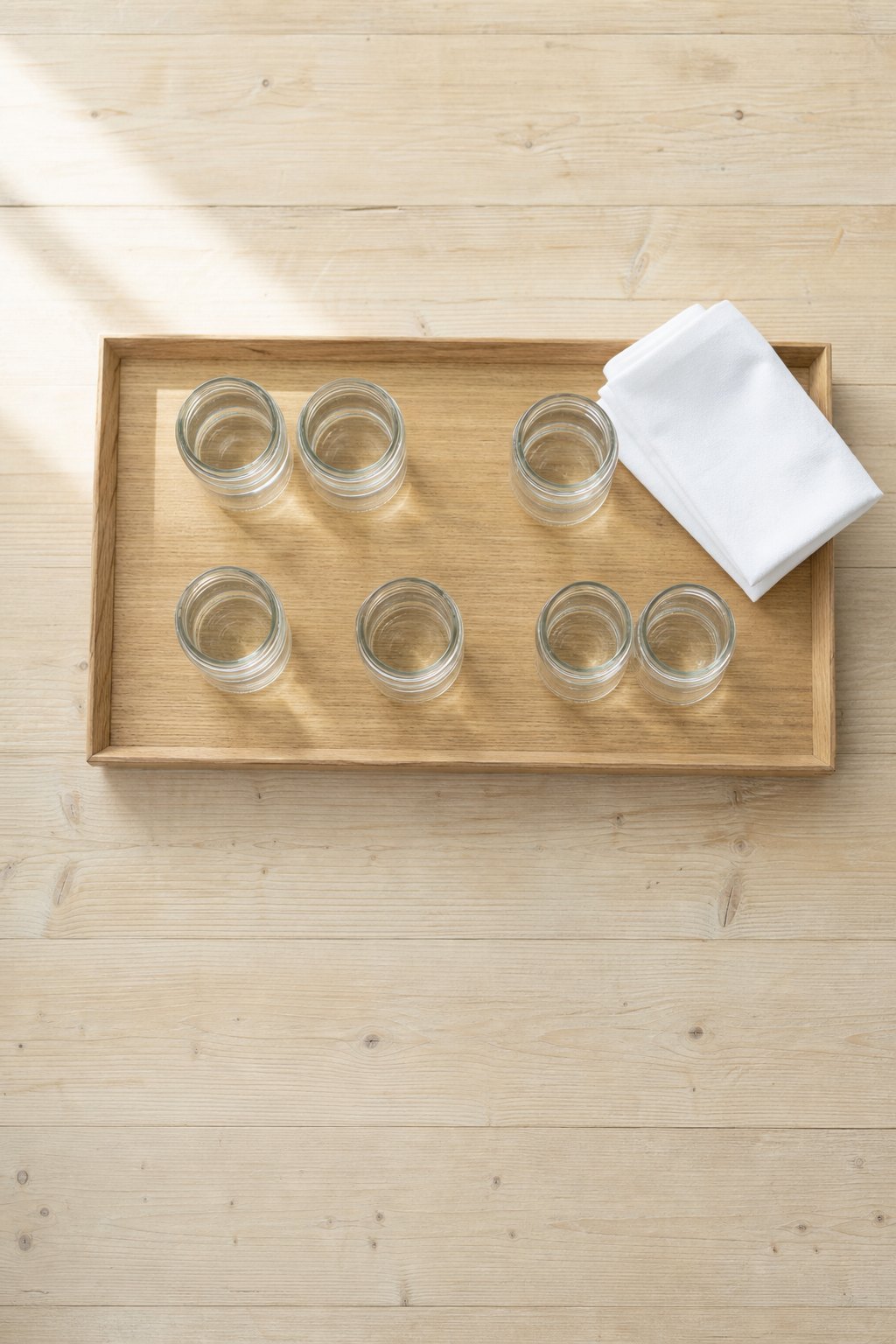 Tablett mit sechs kleinen Schraubgläsern voll Wasser in zwei Reihen
