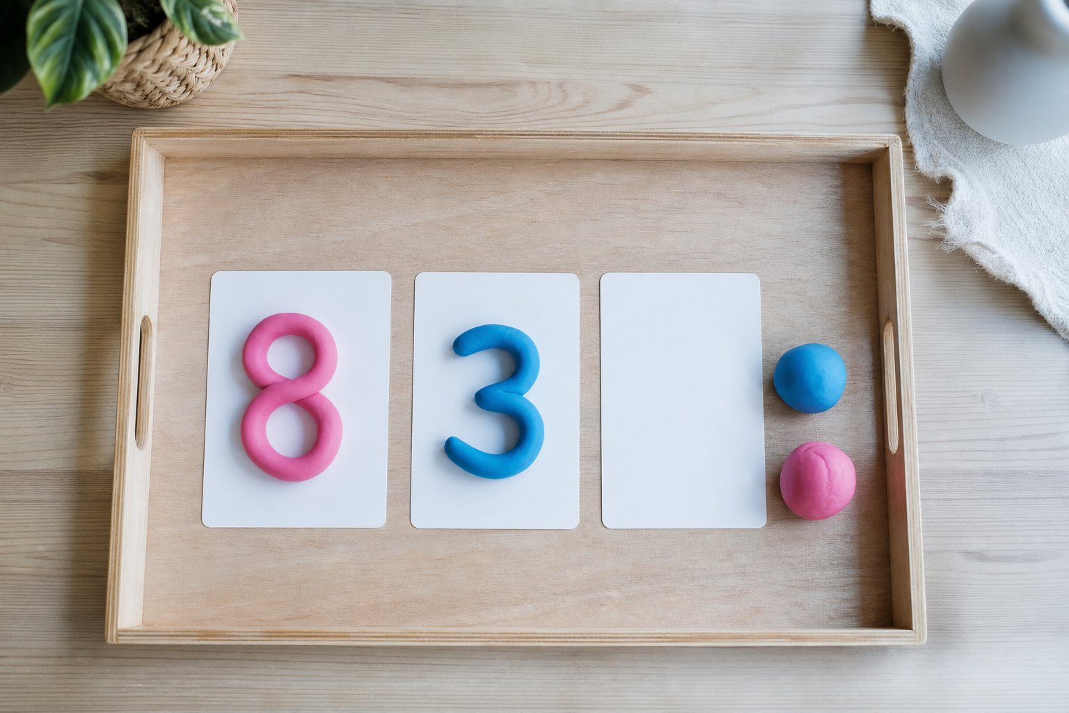 Montessori Tablett mit drei laminierte weiße Karten mit grossen gedruckten Ziffern, auf zweien liegt bunte Knete in Form der 