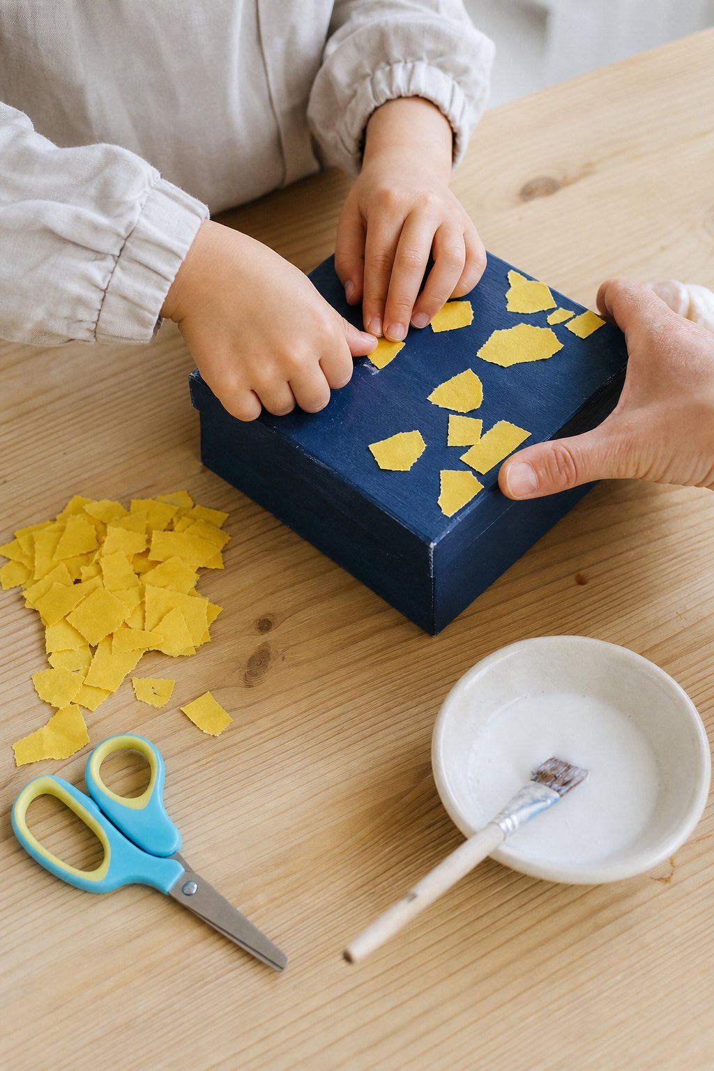Kinderhände kleben gelbe Papierschnipsel auf einen dunkelblauen Kartondeckel