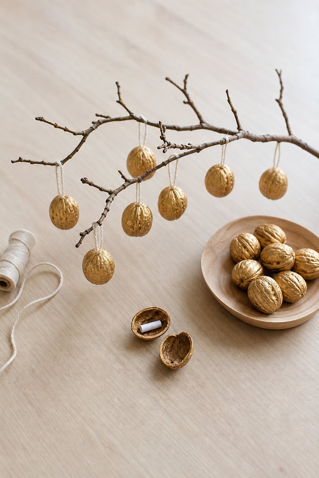 Die goldenen Nüsse — Ein naturbrauner Zweig liegt auf einem hellen Holztisch, daran haengen an kurzen hellen Garnschlaufen go