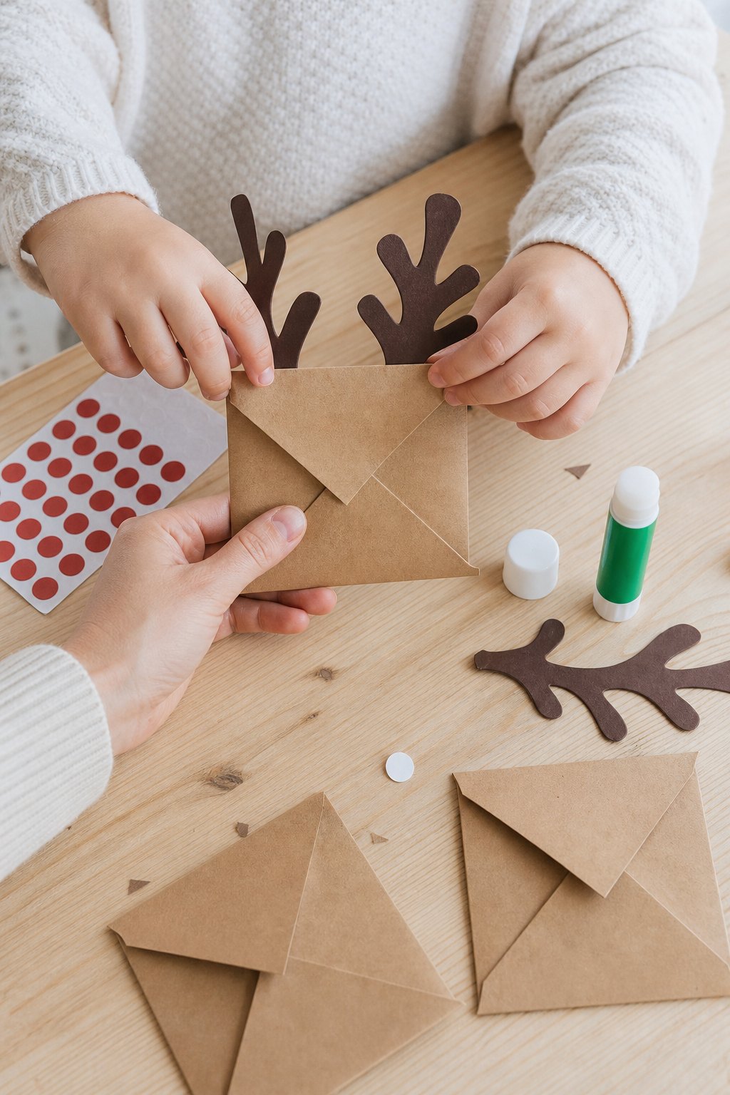 Kinderhände kleben ein Geweih aus Tonpapier an einen Umschlag aus Packpapier
