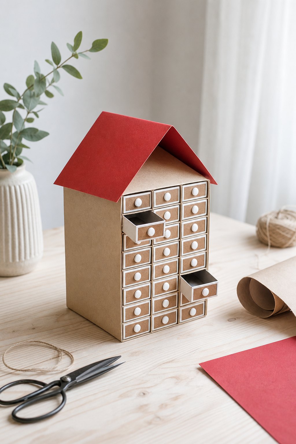 Das Schubladenhaus aus Streichholzschachteln — Ein kleines Haus aus 24 Streichholzschachteln steht auf einem hellen Holztisch